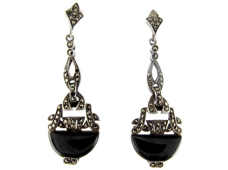 Art Deco Silver Onyx & Marcasite Drop Earrings