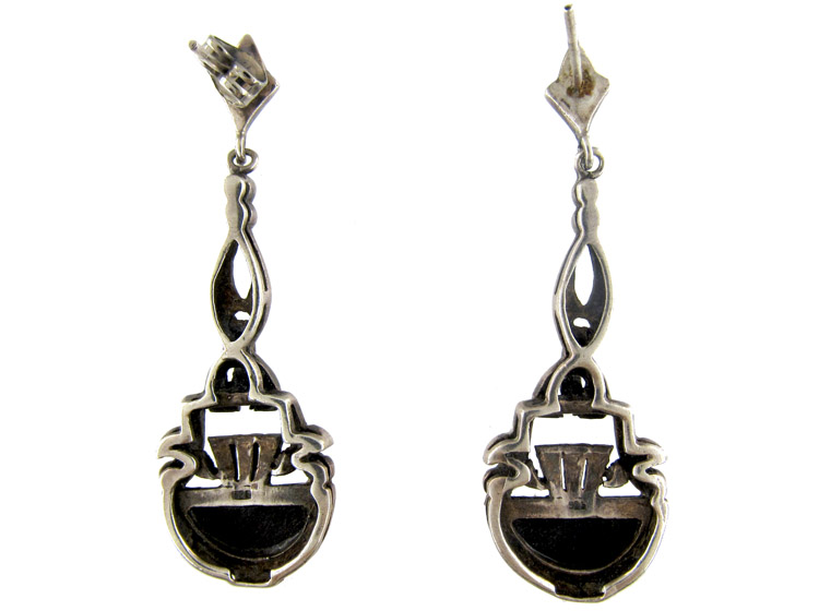 Art Deco Silver Onyx & Marcasite Drop Earrings (366D) | The Antique ...