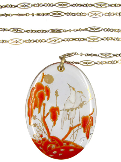 Marcel Goupy Painted Glass Pendant on Original Chain