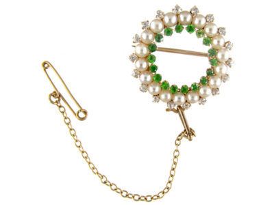 Green Garnet, Diamond & Natural Pearl Brooch