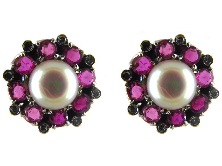 Ruby Pearl & Diamond Cluster Earrings