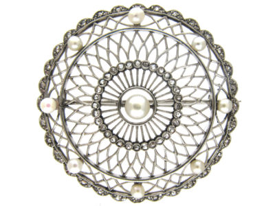 Edwardian Platinum Diamond & Natural Pearl Round Brooch