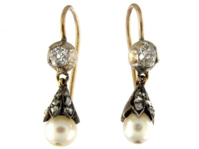 Natural Pearl & Diamond Earrings Set in Yellow Gold