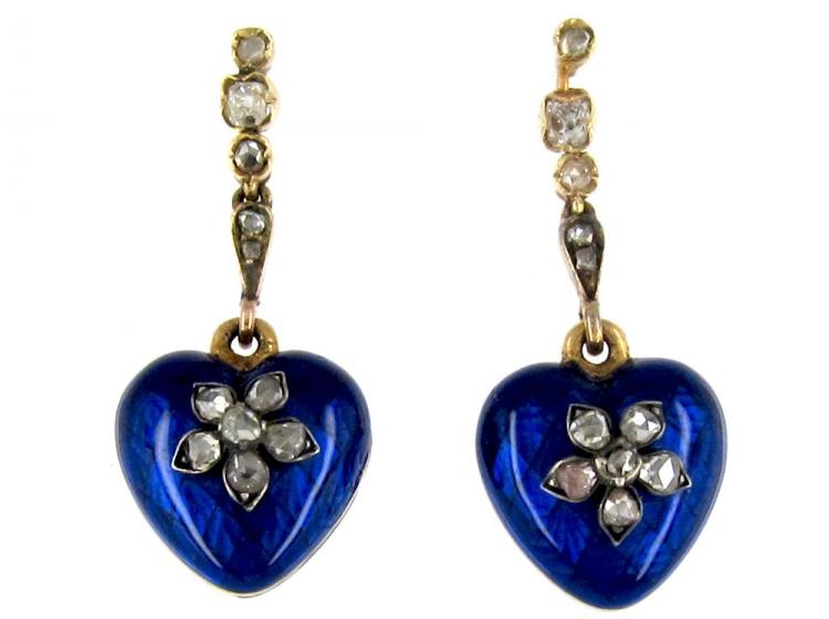 Victorian Blue Enamel Diamond Heart Drop Earrings