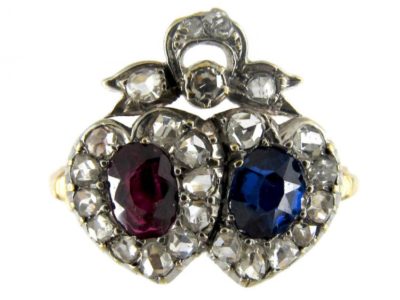 Sapphire, Ruby & Diamond Victorian Double Heart Ring