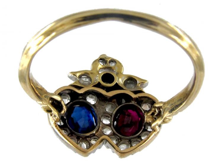 Sapphire, Ruby & Diamond Victorian Double Heart Ring