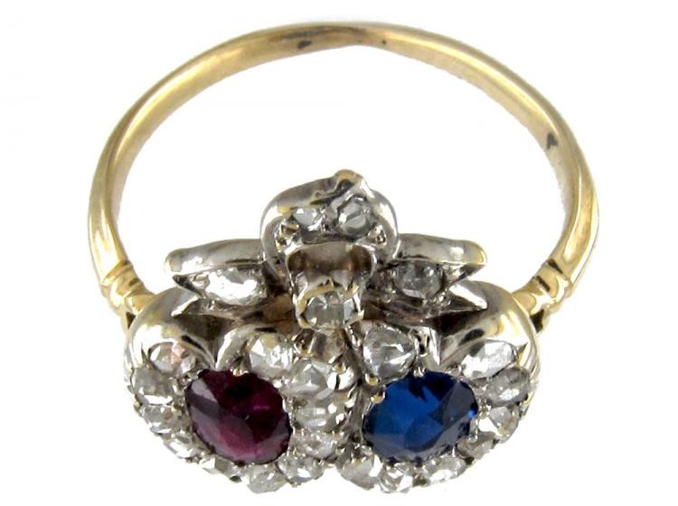 Sapphire, Ruby & Diamond Victorian Double Heart Ring