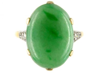 Art Deco Single Stone Jade Ring with Diamond Detail