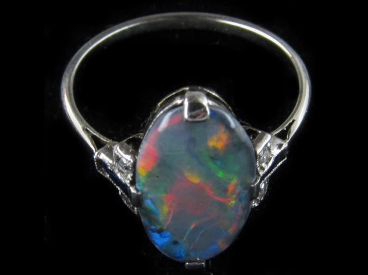 Art Deco Black Opal, Diamond & Sapphire Ring