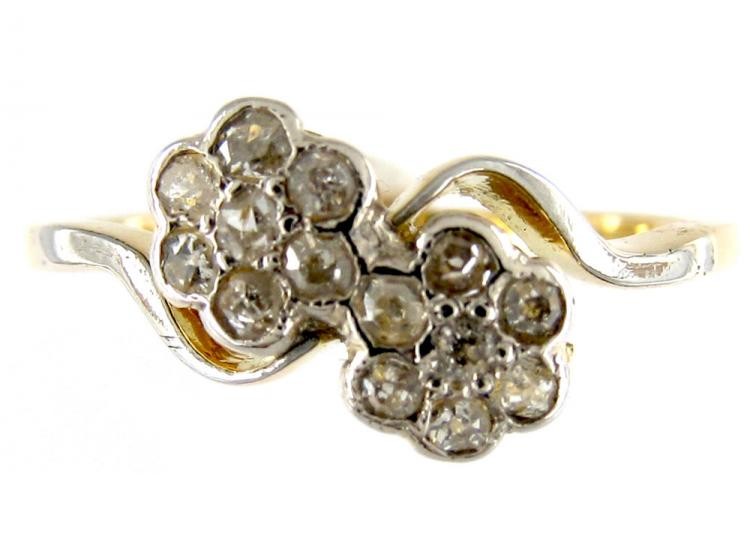 Diamond Double Cluster Crossover Flowerhead Ring