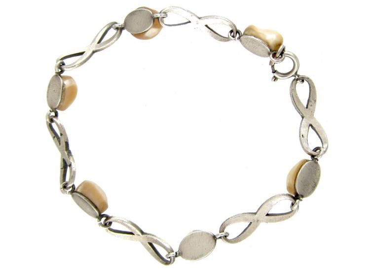 Blister Pearl, Silver & Marcasite Crossover Link Bracelet