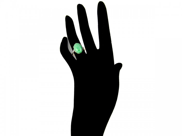 Art Deco Single Stone Jade Ring with Diamond Detail