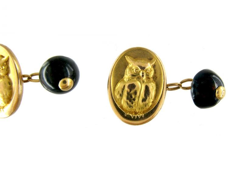18ct Gold Owl in the Moon Cufflinks with Bloodstone Backs