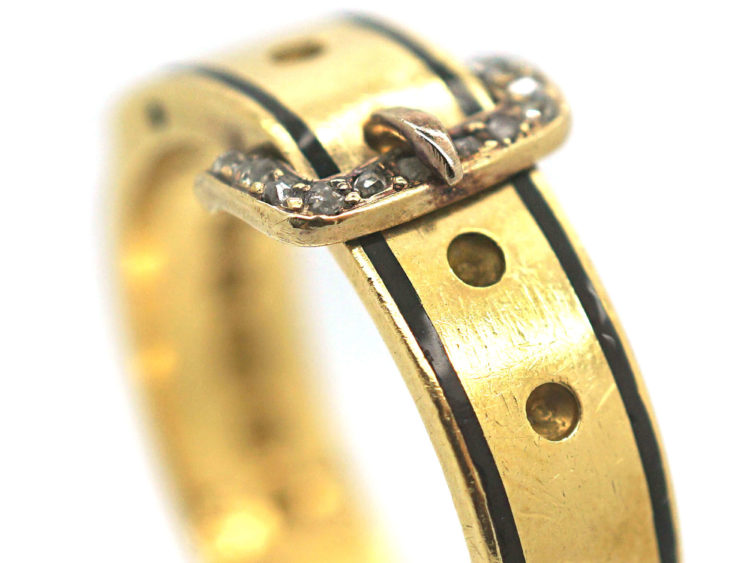 Victorian Black Enamel & Rose Diamond Buckle Ring