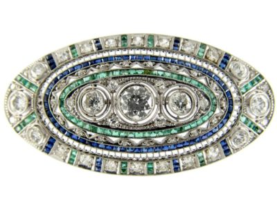 Diamond, Emerald & Sapphire Art Deco Platinum Brooch