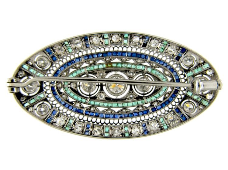 Diamond, Emerald & Sapphire Art Deco Platinum Brooch