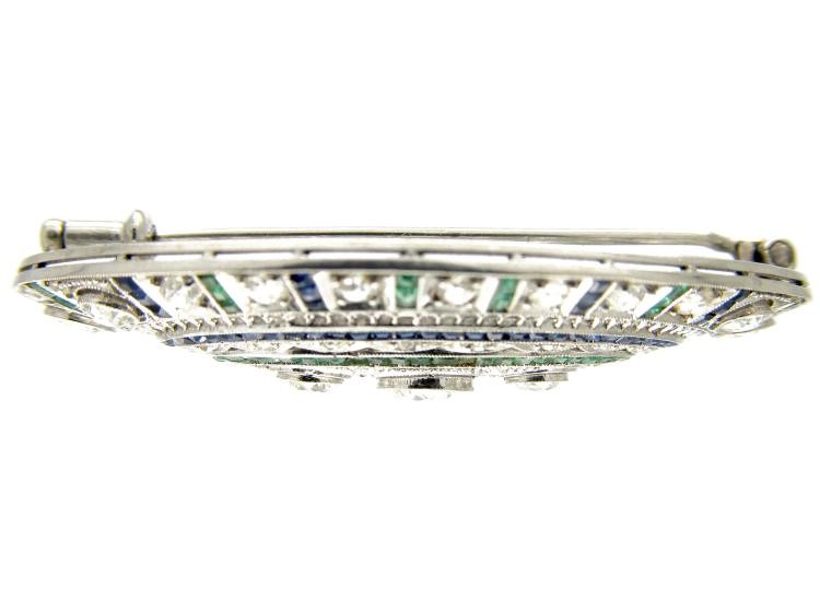 Diamond, Emerald & Sapphire Art Deco Platinum Brooch