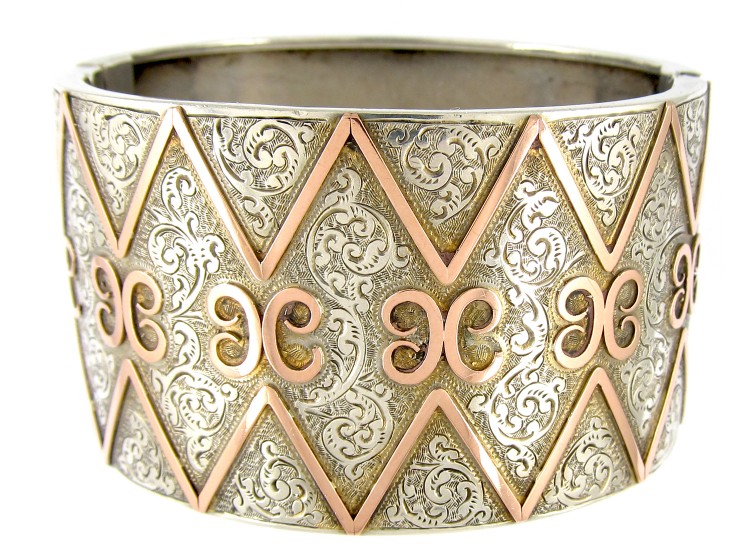 Wide Silver & Gold Overlay Victorian Bangle