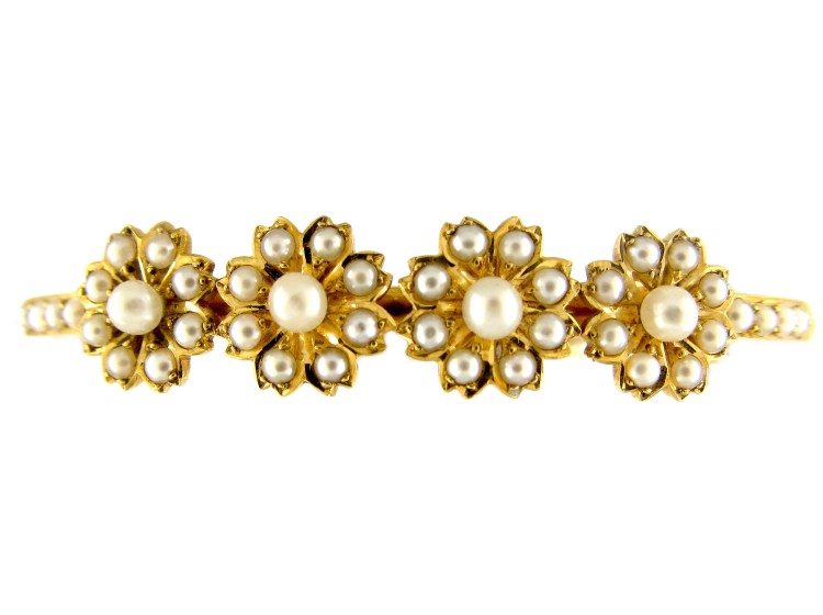 Edwardian Pearl Flower Clusters 15ct Gold Bangle