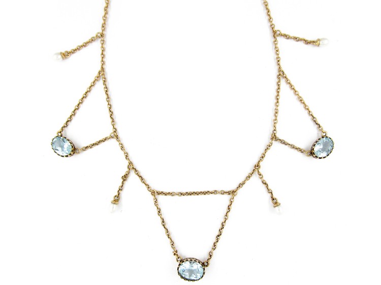 Aquamarine & Natural Pearl Gold Festoon Necklace