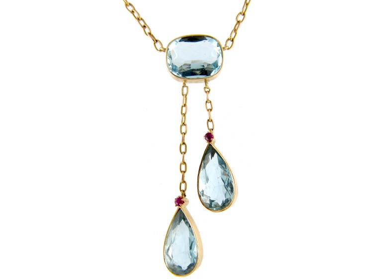 Double Drop Aquamarine 15ct Gold Edwardian Necklace