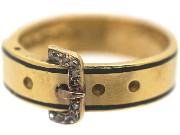 Victorian Black Enamel & Rose Diamond Buckle Ring
