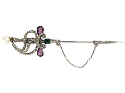 Silver, Marcasite & Paste Dagger Brooch