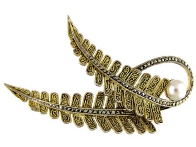Theodor Fahrner Double Leaf Silver Gilt & Marcasite Brooch