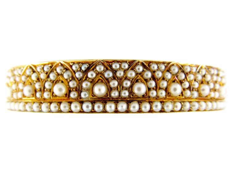 Pearl Studded 18ct Gold Victorian Bangle