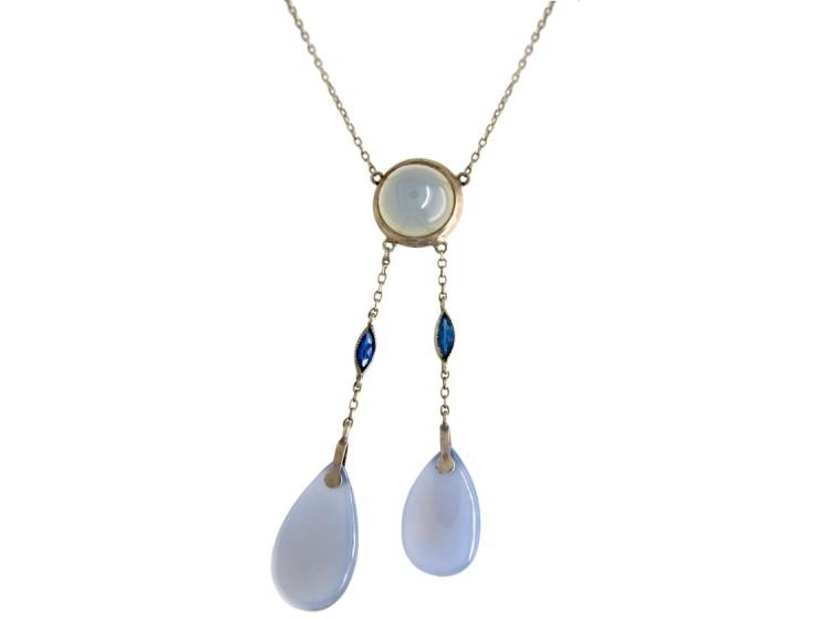 Two Drop Silver & Chalcedony Pendant on Chain