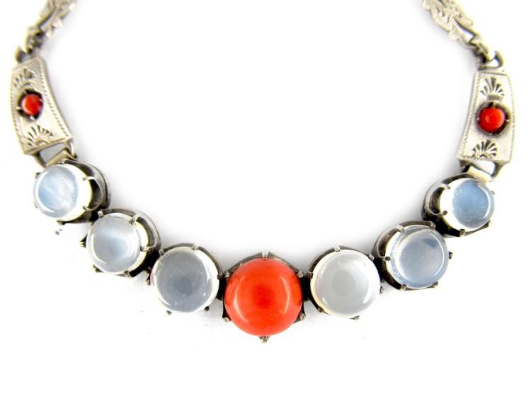 Moonstone & Coral Silver Bracelet