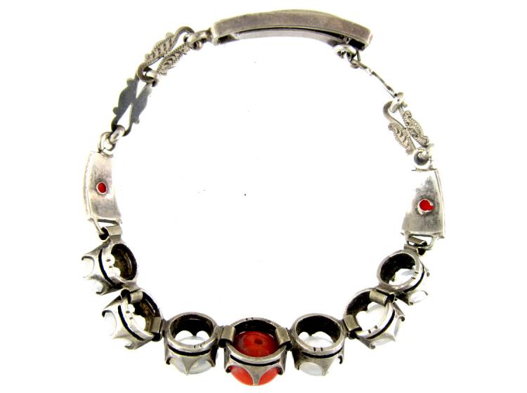 Moonstone & Coral Silver Bracelet (967B) | The Antique Jewellery Company