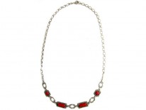 Art Deco Silver Marcasite & Coral Necklace