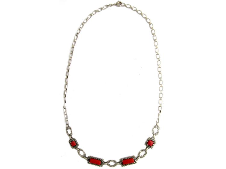 Art Deco Silver Marcasite & Coral Necklace (997D) | The Antique ...