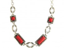 Art Deco Silver Marcasite & Coral Necklace