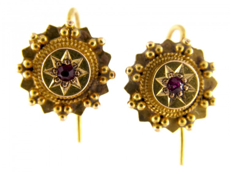 Victorian 15ct Gold & Ruby Round Earrings