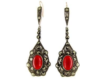 Art Deco Marcasite Drop Earrings Set with Carnelian