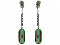 Art Deco Marcasite Drop Earrings set with Green Chalcedony