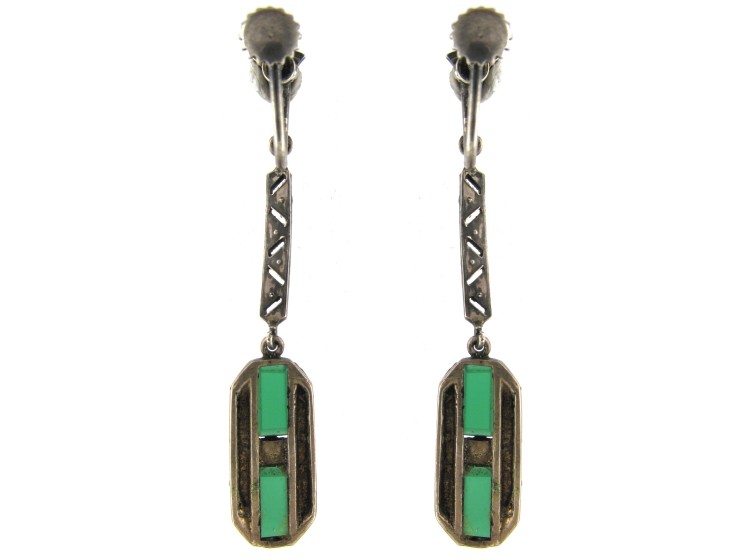 Art Deco Marcasite Drop Earrings set with Green Chalcedony