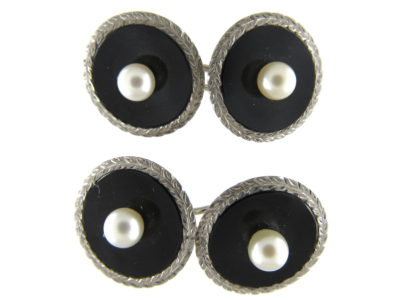 Art Deco 14ct White Gold & Platinum, Onyx & Natural Pearl Cufflinks