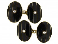 18ct Gold & Black Enamel & Pearl Art Deco Cufflinks, Buttons & Studs in Original Case
