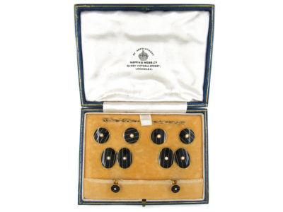 18ct Gold & Black Enamel & Pearl Art Deco Cufflinks, Buttons & Studs in Original Case