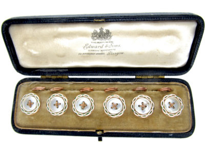 Set of Six Gold & Enamel Buttons in Original Case