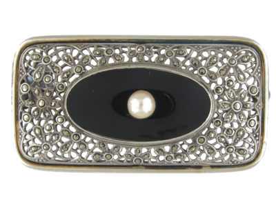 Art Deco Silver Marcasite, Onyx & Pearl Brooch