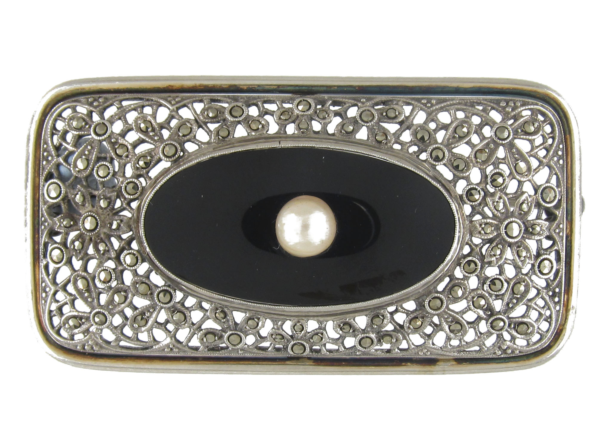 Broche Art Déco En Argent Massif Sterling – Onyx Et Marcassite – Ancienne Occasion