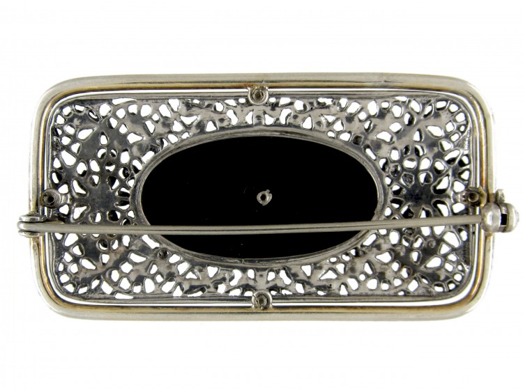 Art Deco Silver Marcasite, Onyx & Pearl Brooch