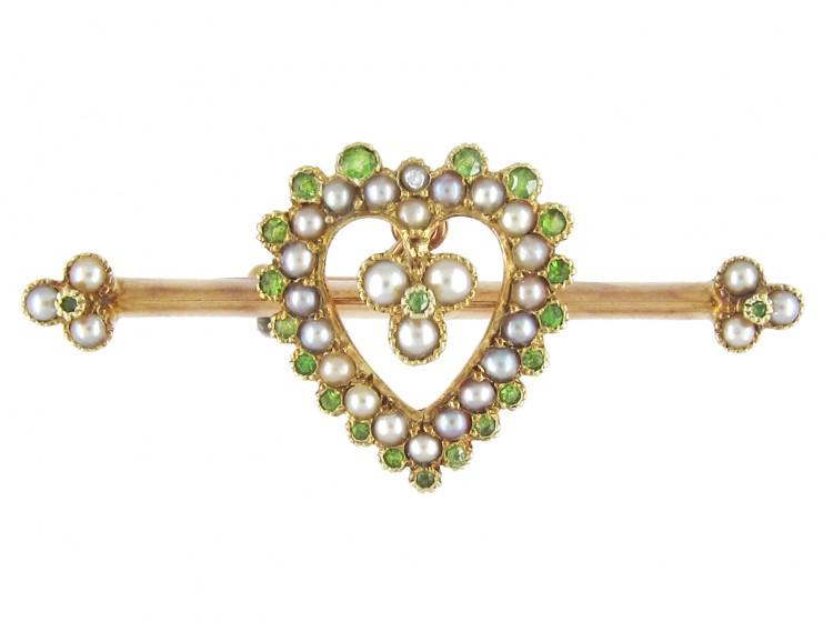 Edwardian 15ct Gold, Green Garnet & Natural Split Pearl Heart Brooch