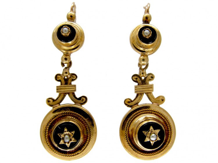 Victorian 18ct Gold & Onyx Drop Earrings