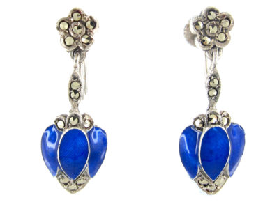 Silver, Marcasite & Blue enamel Art Deco Drop Earrings