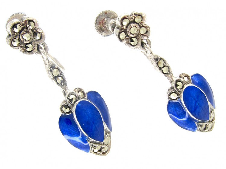 Silver, Marcasite & Blue enamel Art Deco Drop Earrings